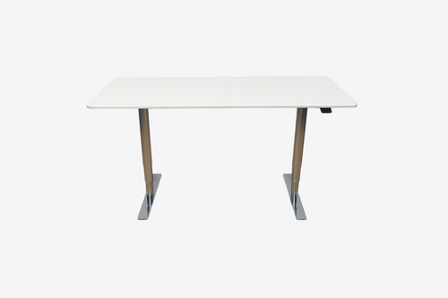 Minimalistisk dansk højdejusterbart bord i elfenbenshvid med runde hjørner og sidevisning